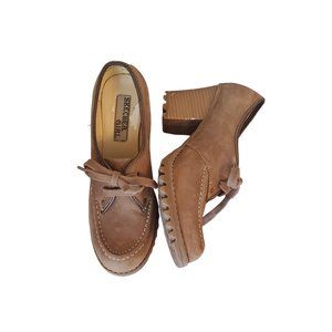 Skechers Brown Leather 7.5 Chunky 90s Y2K Heels Pumps Moc Toe Lace Up Oxfords‎